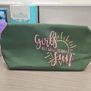 Green Cosmetic Pouch with Pink and Gold Design
